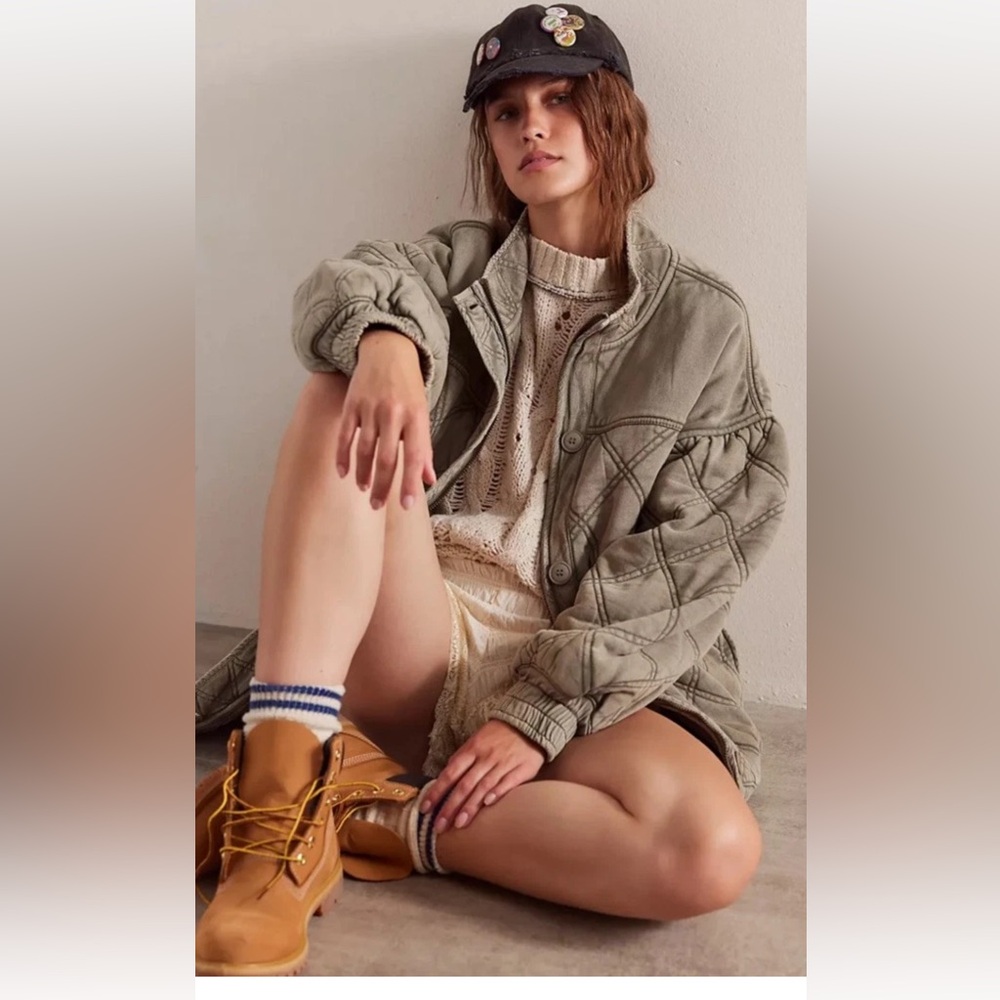 Free People Juno Jacket Quilted Oversized Bomber Button Zipper Laurel Oak - Picture 4 of 6